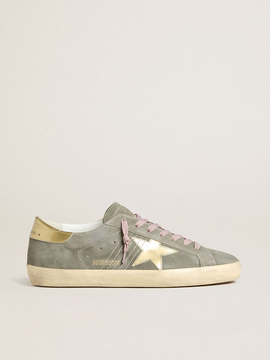 męskie buty super-star z szarego zamszu ze złotą metaliczną gwiazdą ze skóry i zapięciem na pięcie