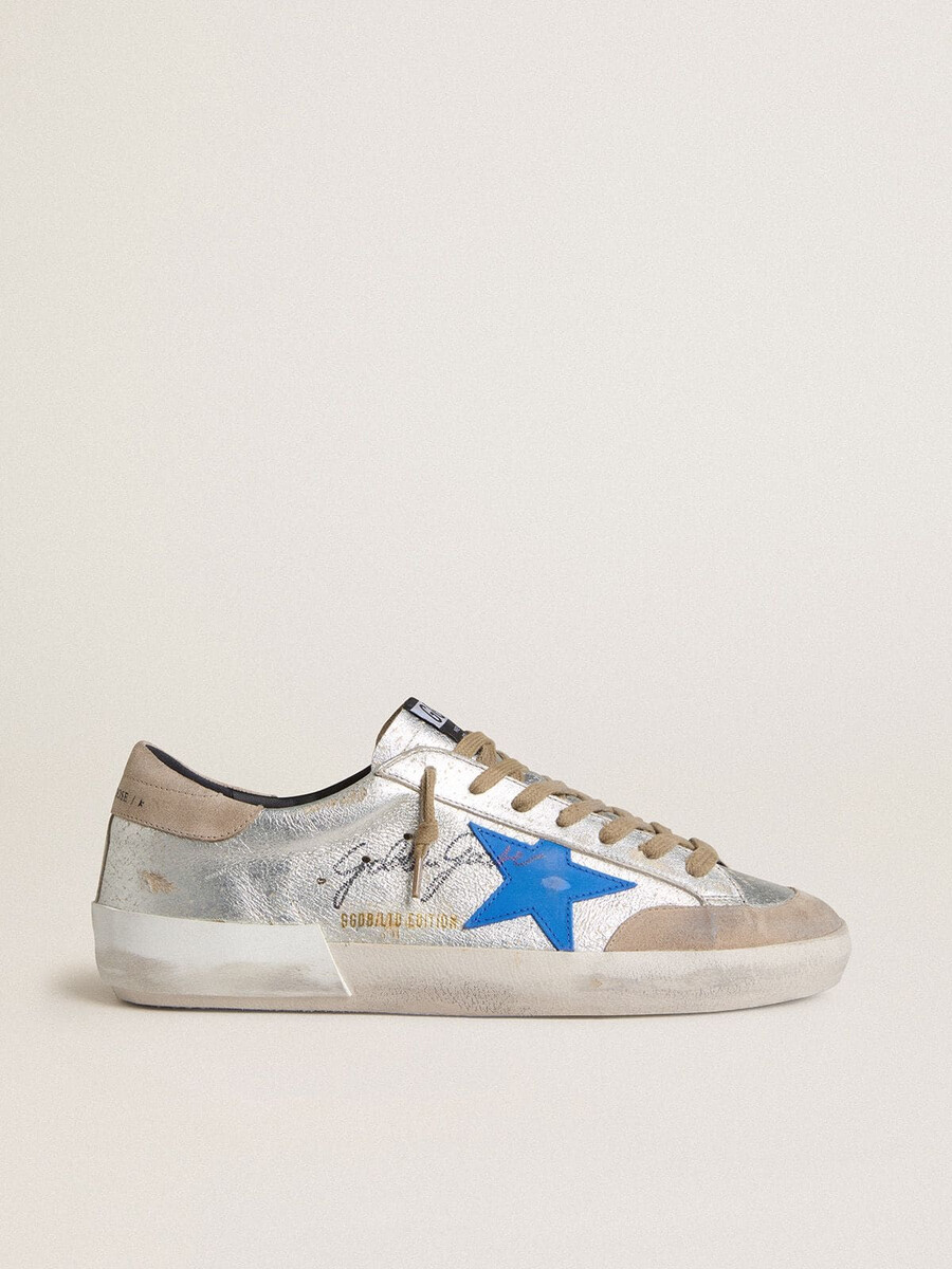 męskie buty super-star ltd ze srebrnego metalicznego zamszu ze skórzaną gwiazdą i zamszowym paskiem na pięcie
