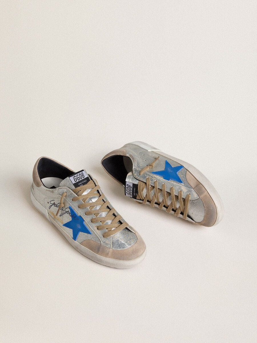 męskie buty super-star ltd ze srebrnego metalicznego zamszu ze skórzaną gwiazdą i zamszowym paskiem na pięcie
