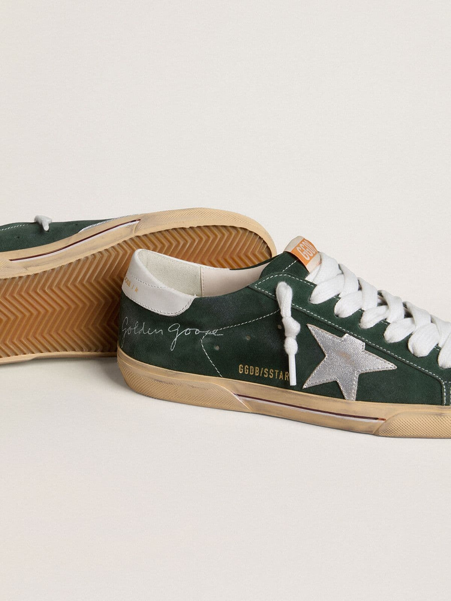 męskie buty super-star z zielonego zamszu ze srebrną metaliczną gwiazdą ze skóry i skórzanym paskiem na pięcie