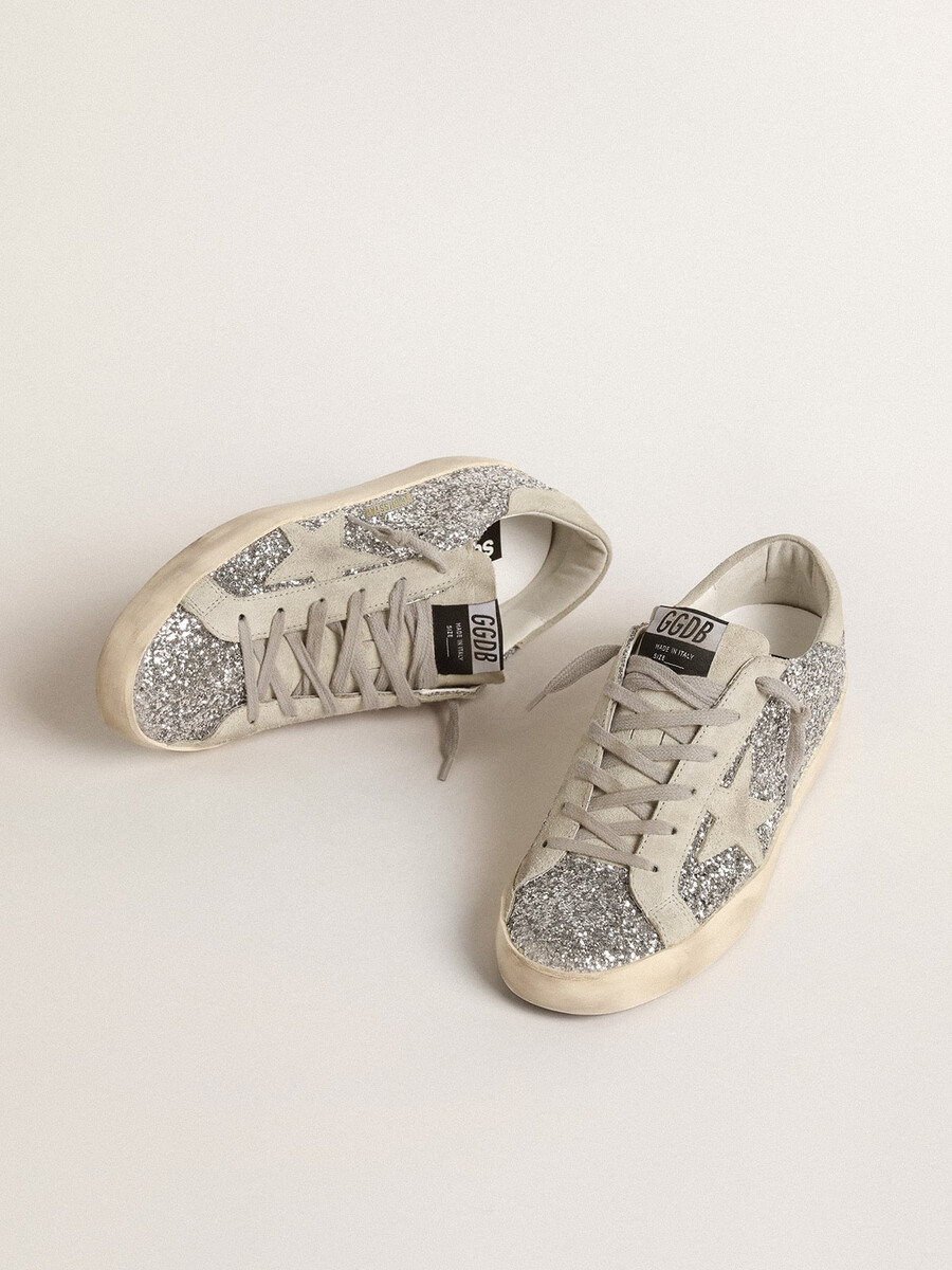 damskie buty super-star w srebrnym brokacie z gwiazdą z lodowo-szarego zamszu