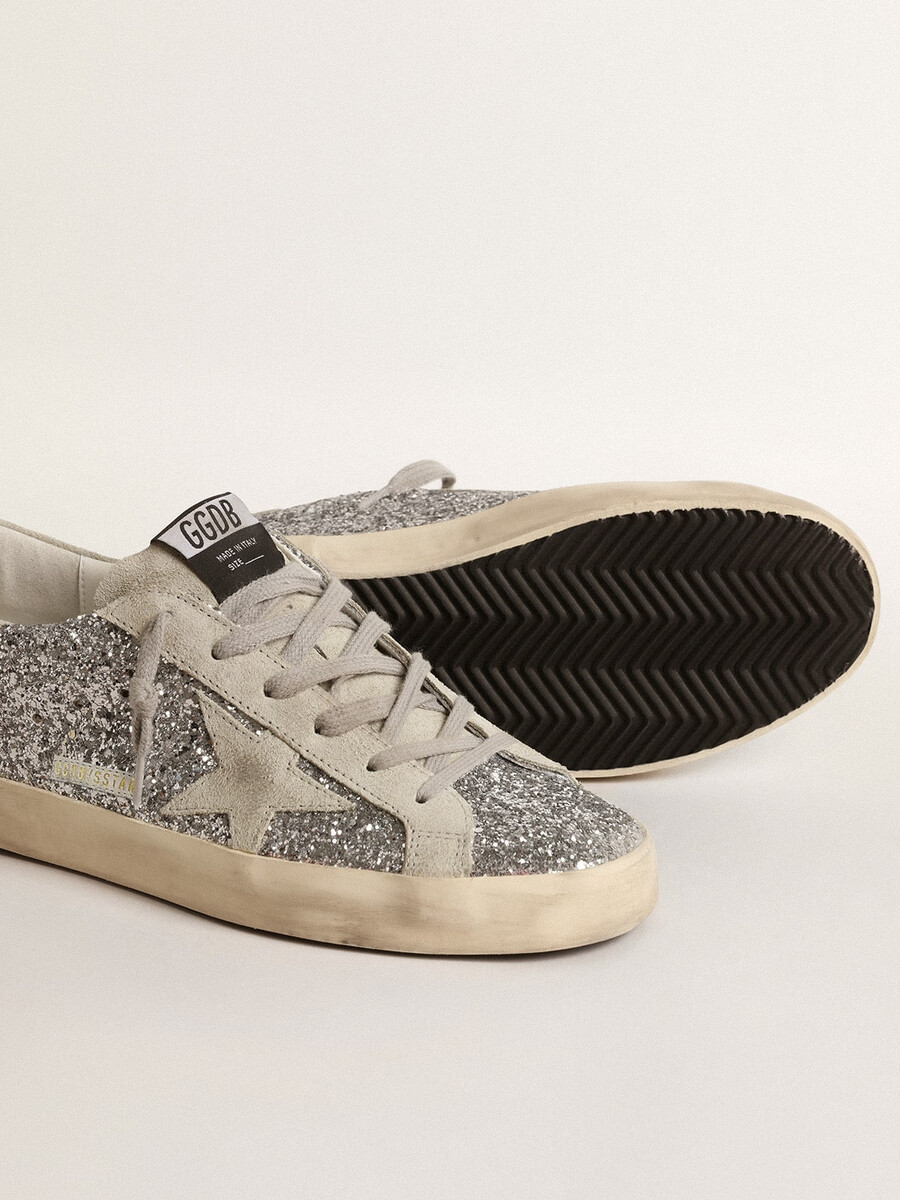damskie buty super-star w srebrnym brokacie z gwiazdą z lodowo-szarego zamszu