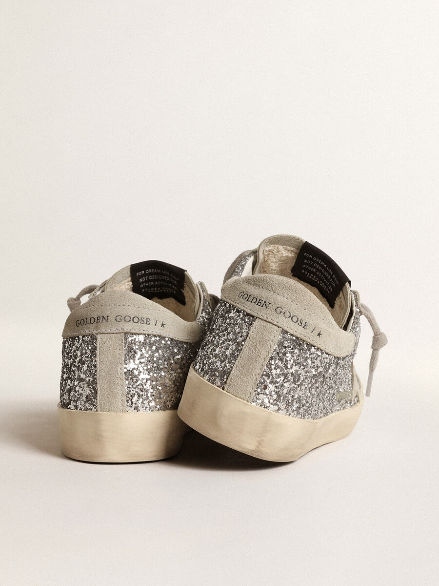 damskie buty super-star w srebrnym brokacie z gwiazdą z lodowo-szarego zamszu