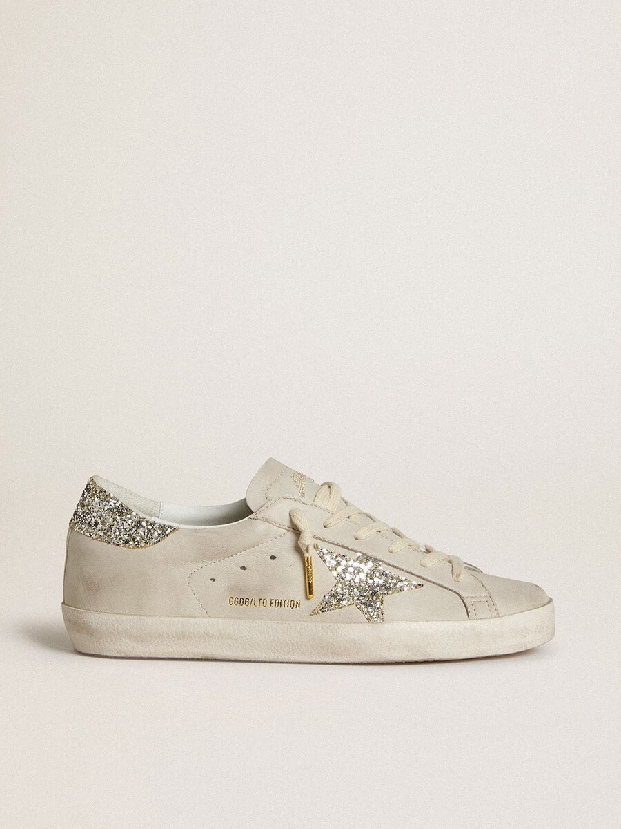 damskie buty super-star ze skóry nappa w kolorze kości słoniowej z platynową brokatową gwiazdą i zapięciem na pięcie
