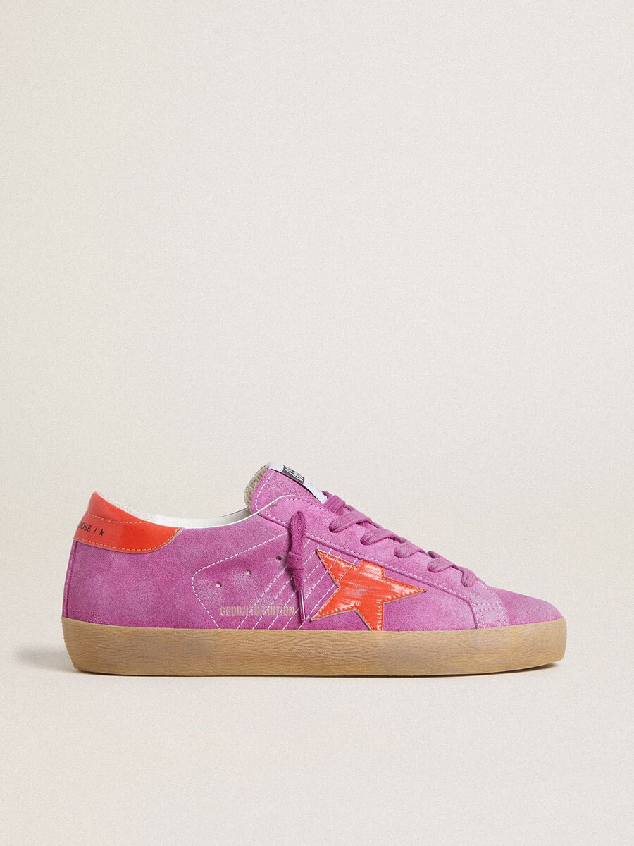 damskie buty super-star w kolorze fuksji z fluorescencyjną pomarańczową laminowaną skórą w gwiazdę i zapięciem na pięcie