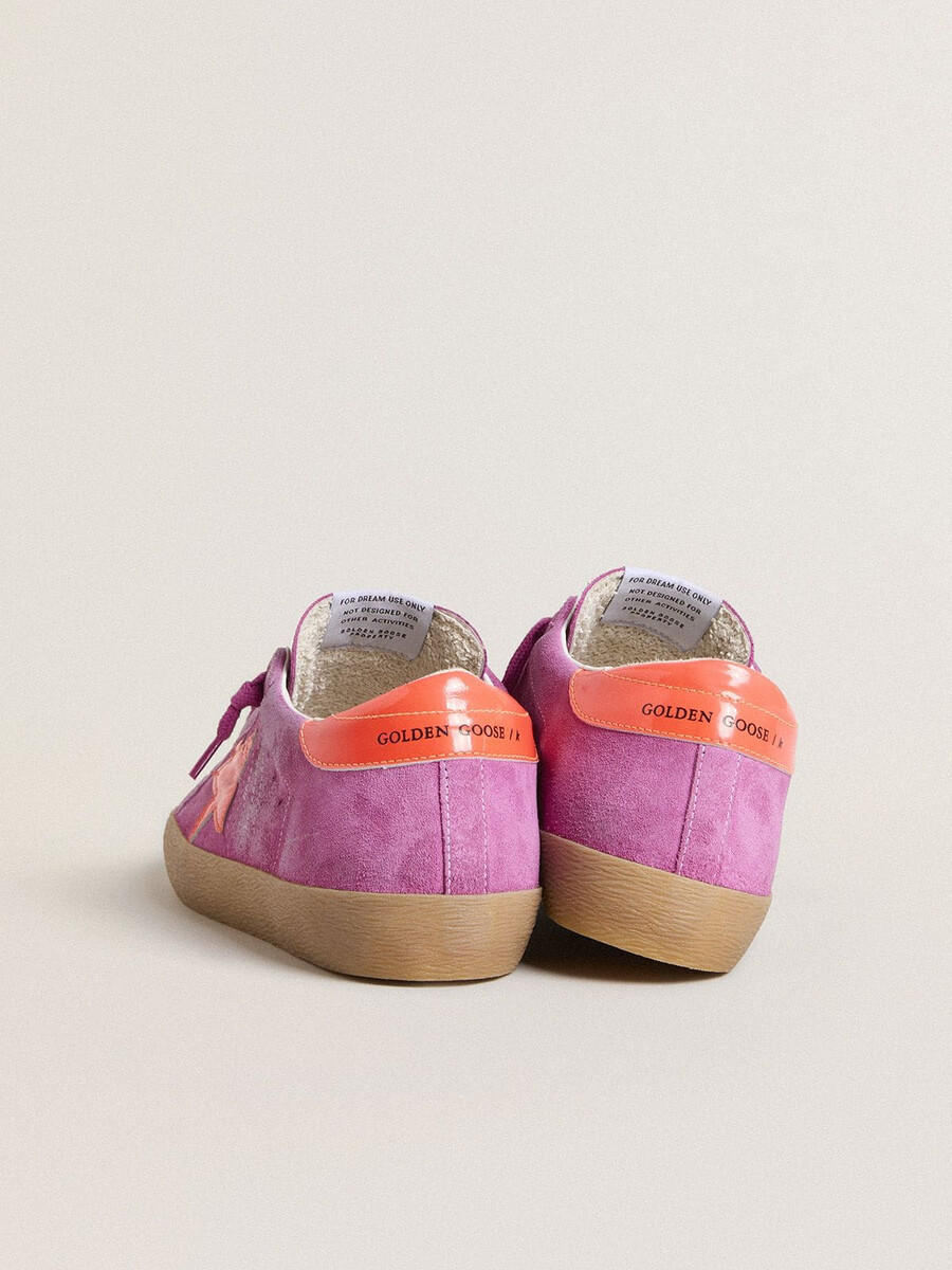 damskie buty super-star w kolorze fuksji z fluorescencyjną pomarańczową laminowaną skórą w gwiazdę i zapięciem na pięcie