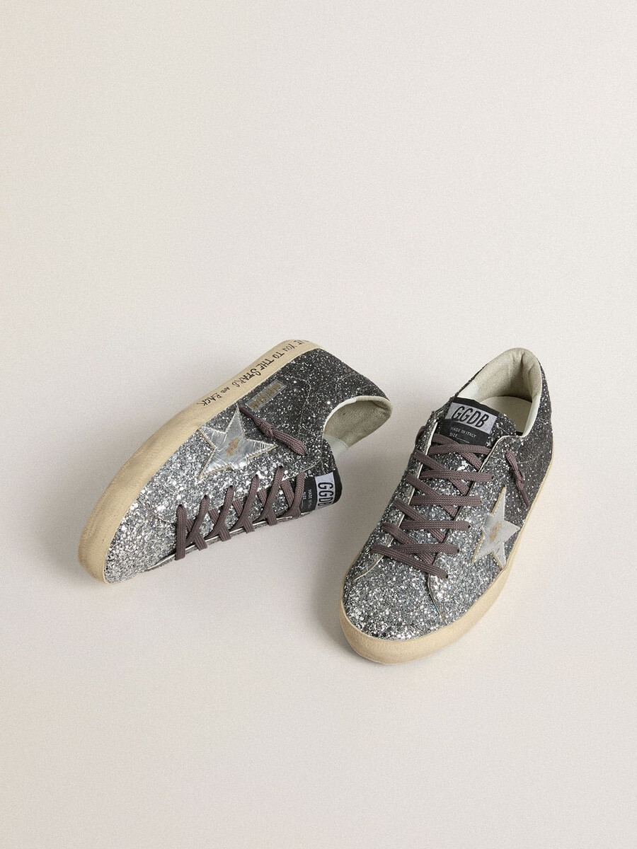 damskie buty super star z cholewką z brokatem i srebrną metaliczną gwiazdą ze skóry
