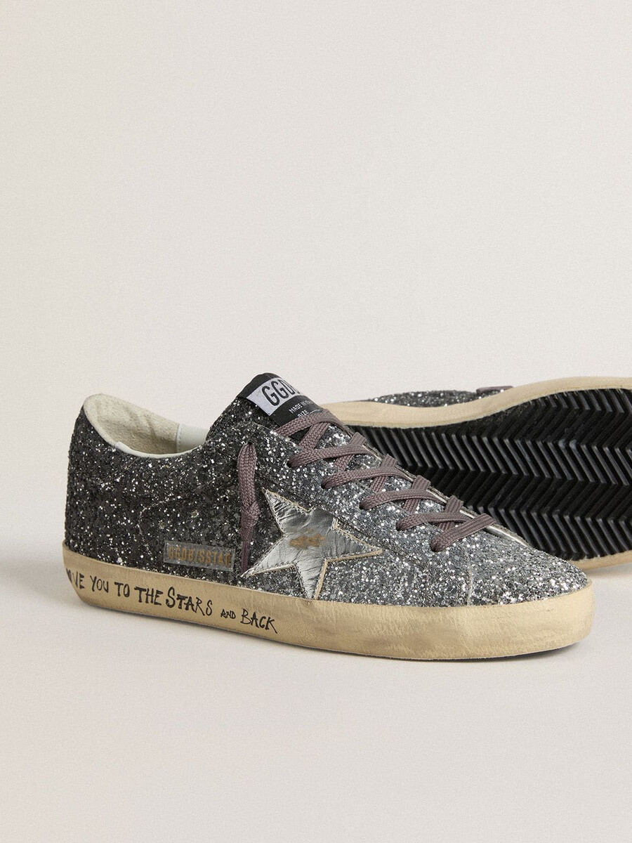 damskie buty super star z cholewką z brokatem i srebrną metaliczną gwiazdą ze skóry