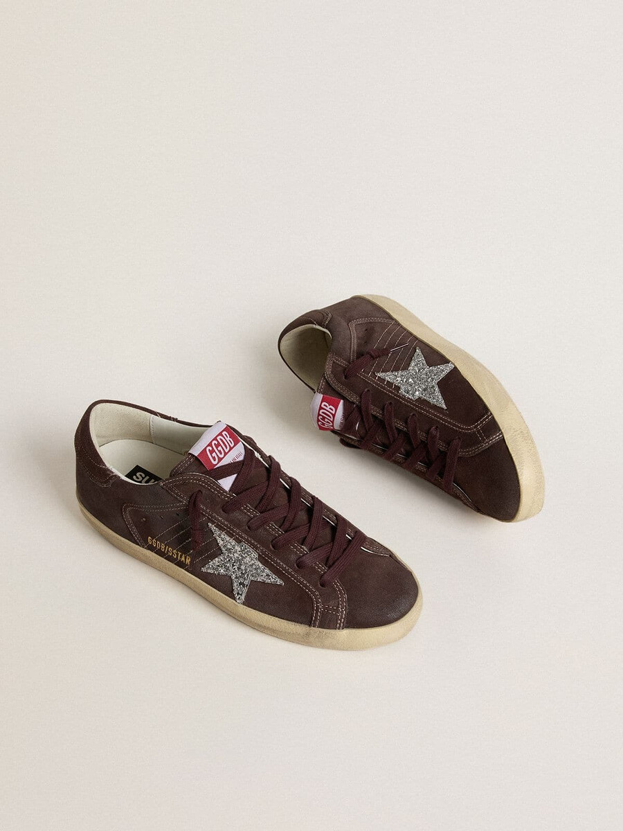 damskie buty super-star z brązowego zamszu ze srebrną brokatową gwiazdką