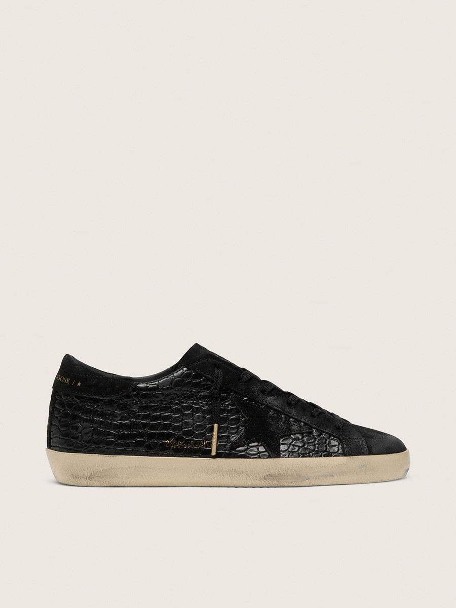 damskie buty super-star ltd z czarnej skóry z nadrukiem krokodylej skóry z czarną zamszową gwiazdą i zapięciem na pięcie