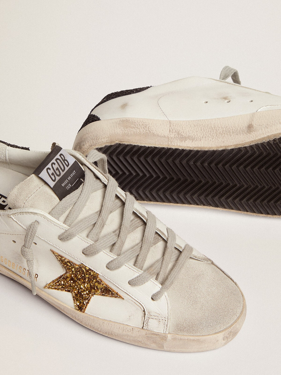 damskie buty super-star ze skóry nappa ze złotą brokatową gwiazdą i czarnym brokatowym paskiem na pięcie