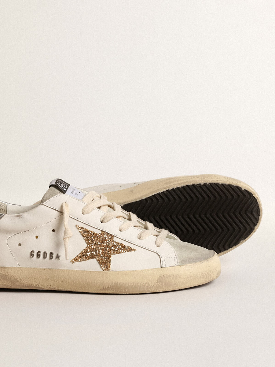 damskie buty super-star ze złotą brokatową gwiazdą i wstawkami z lodowo-szarego zamszu