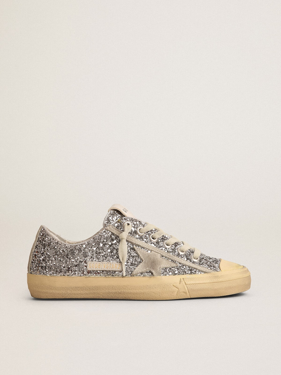 damskie buty v-star w srebrnym brokacie z gwiazdą z zamszu w kolorze lodowo-szarym