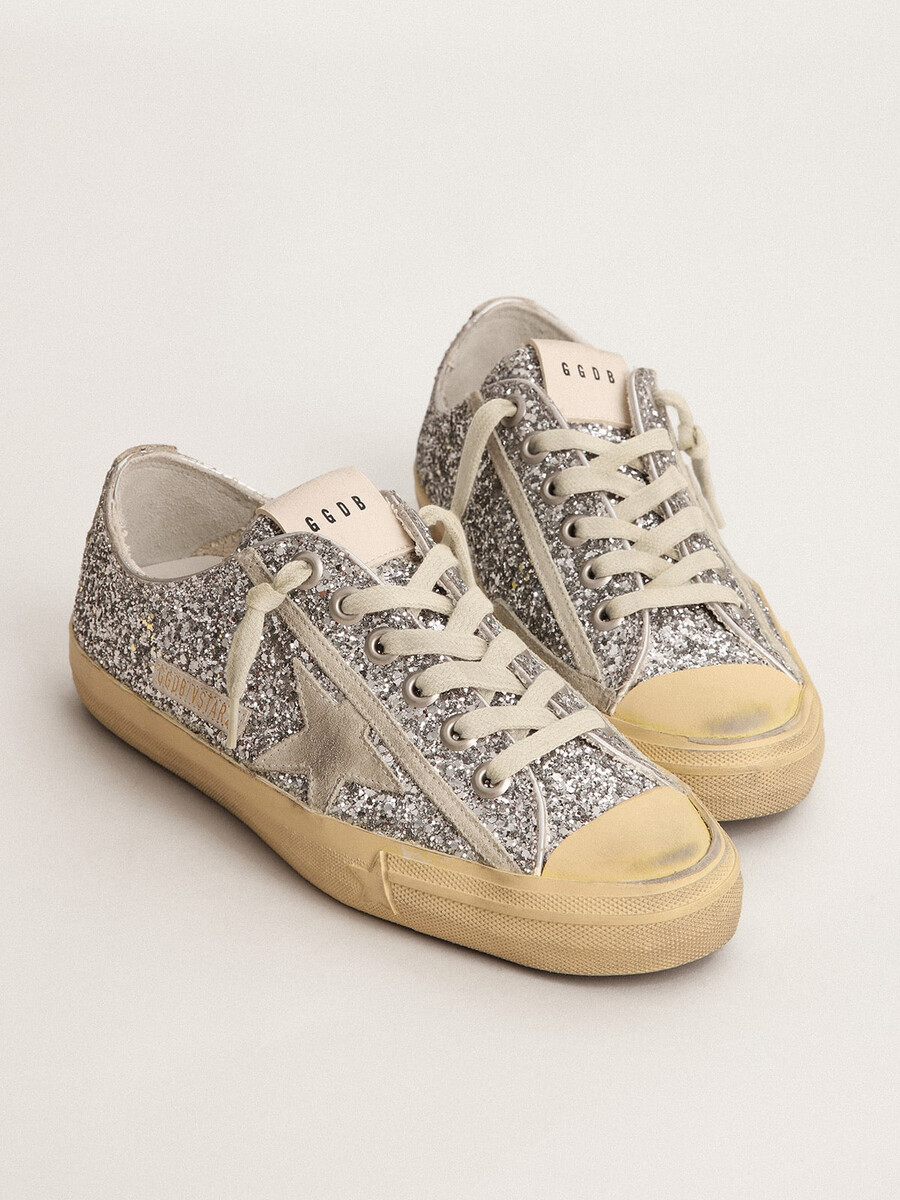 damskie buty v-star w srebrnym brokacie z gwiazdą z zamszu w kolorze lodowo-szarym