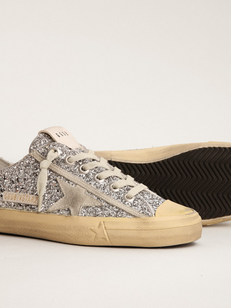 damskie buty v-star w srebrnym brokacie z gwiazdą z zamszu w kolorze lodowo-szarym