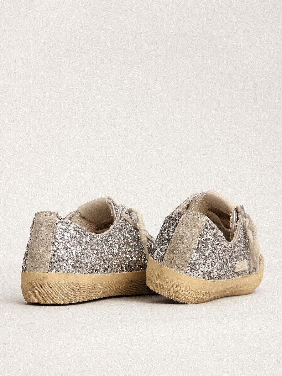 damskie buty v-star w srebrnym brokacie z gwiazdą z zamszu w kolorze lodowo-szarym