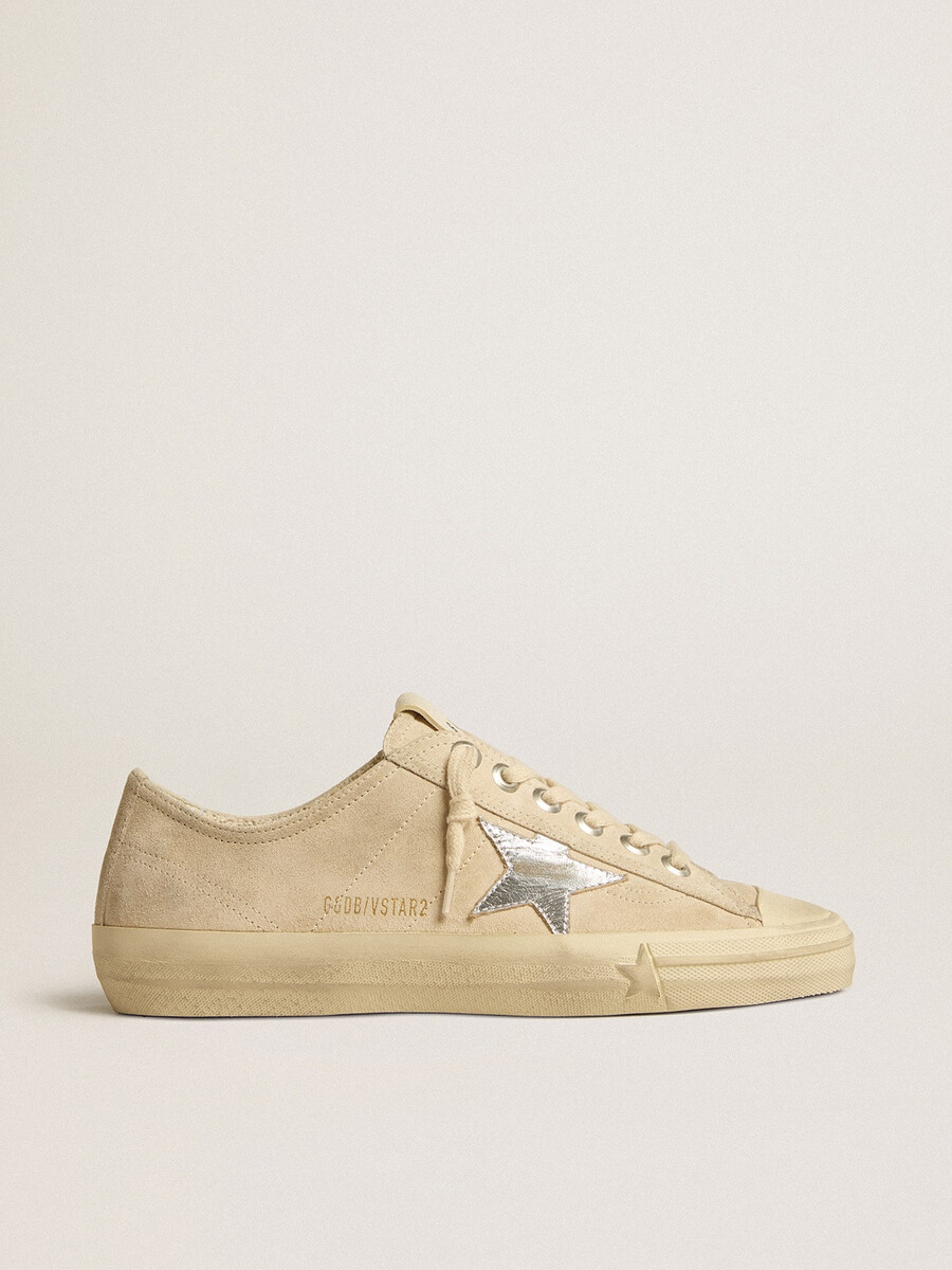 damskie buty v-star z perłowego zamszu ze srebrną metaliczną gwiazdą ze skóry