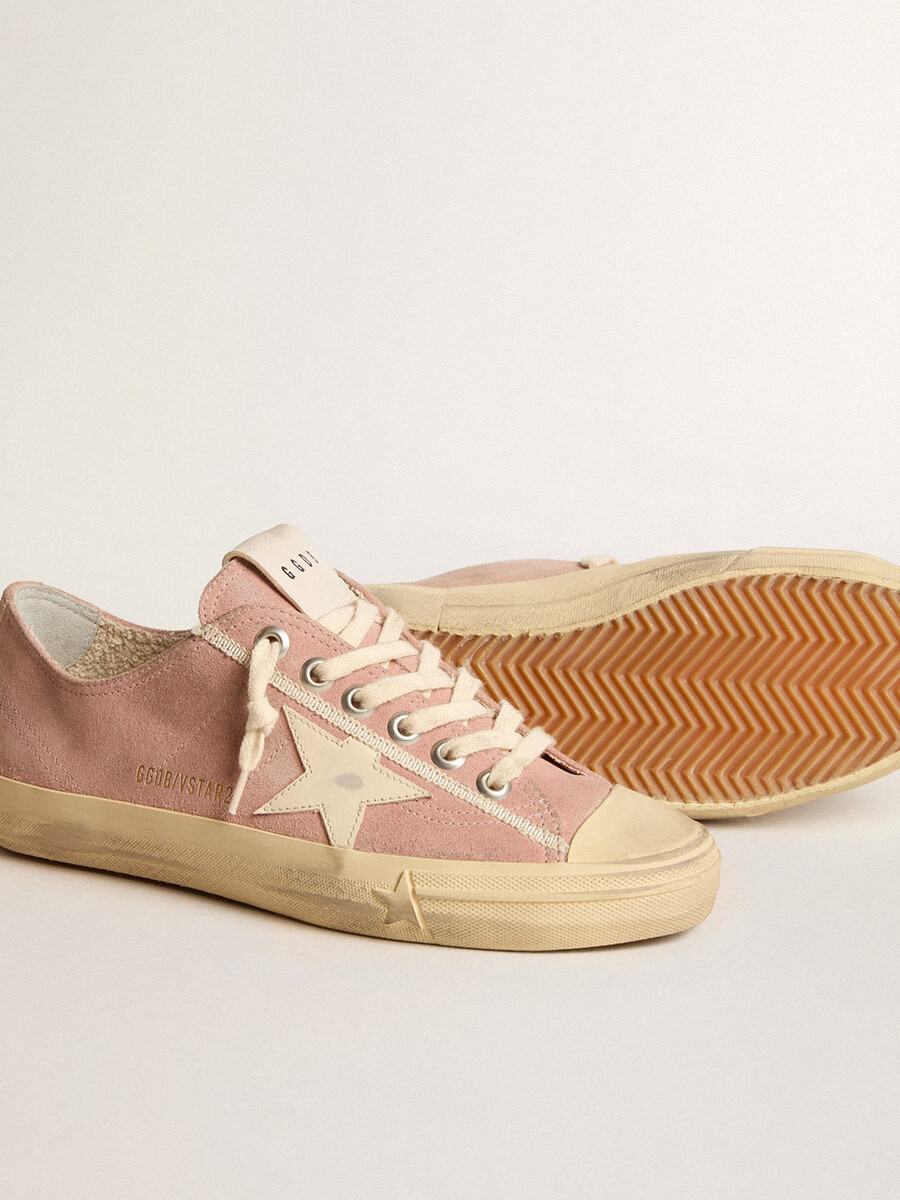 damskie buty v-star z różowego zamszu z kremową gwiazdą ze skóry