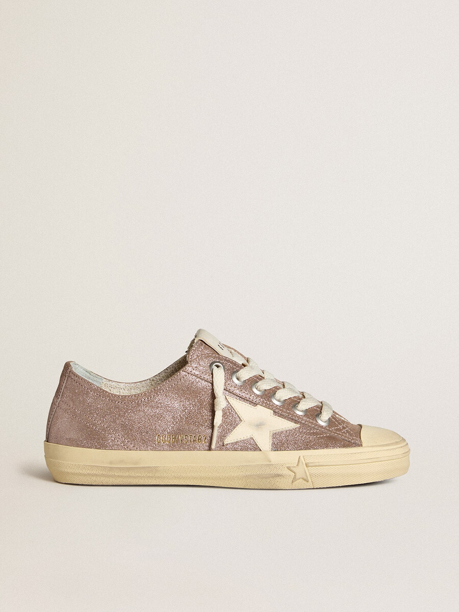 damskie buty v-star z jasnobrązowego metalicznego zamszu z kremową gwiazdą ze skóry